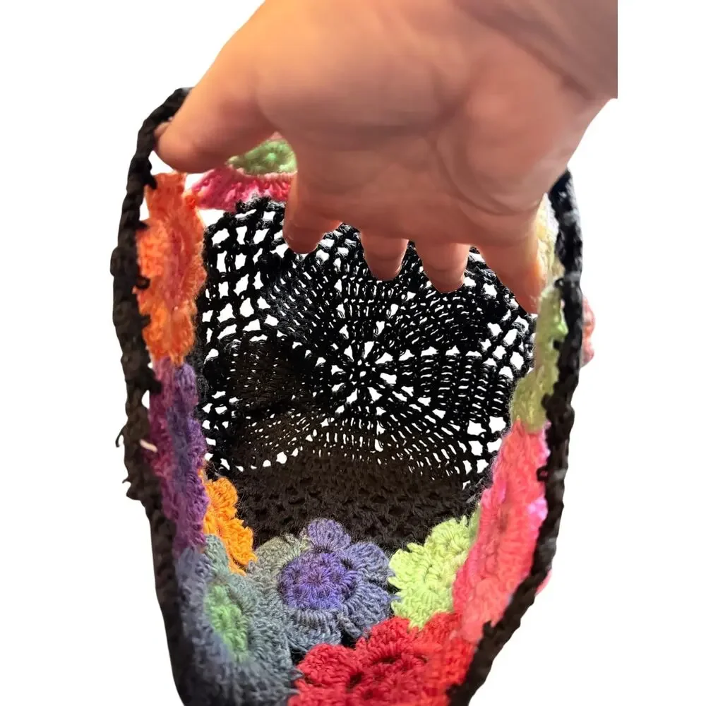 Black crochet skull cap beanie open weave multicolor flowers one size rainbow